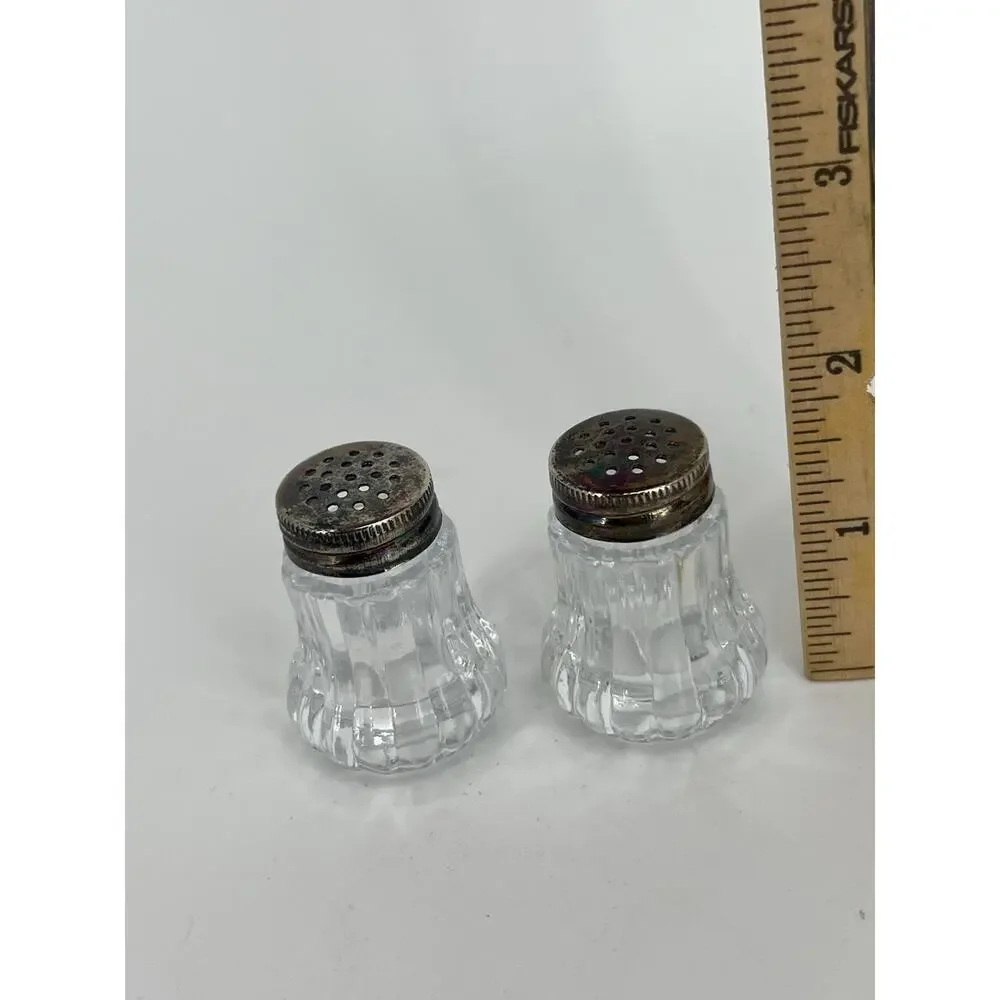 Vintage Salt & Pepper Shaker Set Glass Shakers w/ Ornate Metal Tray